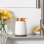 Enra Foaming Soap Dispenser,12 oz Beige Ceramic Modern Poam Hand Soap Dispenser for Bathroom,Kitchen with Easy-to-Press Pump (White Poam Gold Pump)