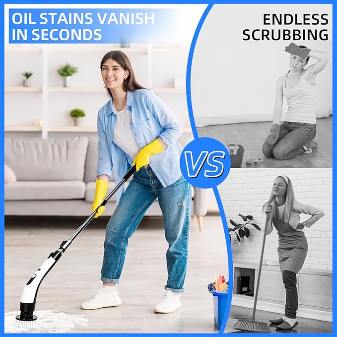 8 - in - 1 Electric Spin Scrubber, Cordless Cleaning & Shower Scrubber with Adjustable Handle, IPX7 Waterproof for Bathroom, Tile, Car, Kitchen, Floor, Tub | 8 Brush Heads, Powerful Horsepower