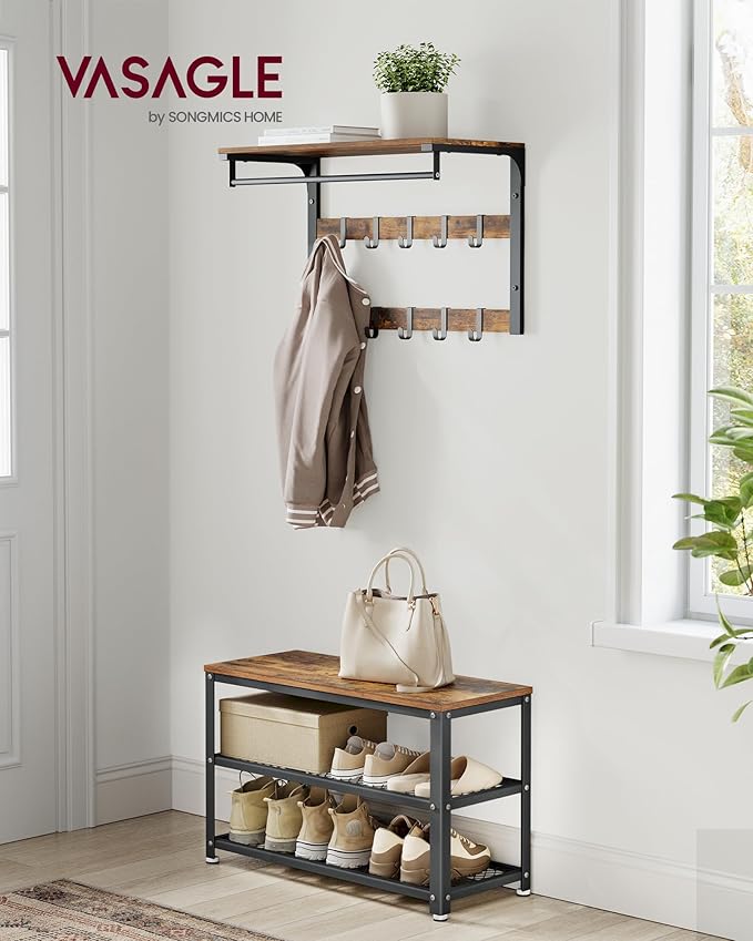 VASAGLE, 3-Tier Shoe Rack, Shelf Storage Bench with Metal Mesh Shelves and Seat, Free Standing Shoe Organizer for Entryway, 11.8 x 28.7 x 17.7 Inches, Rustic Brown and Black ULBS73X