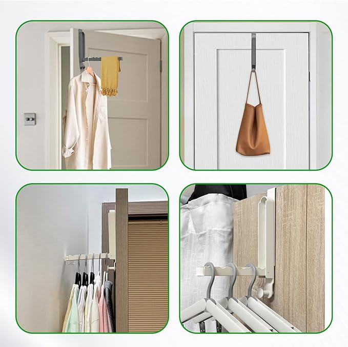 2 Pack Over The Door Hanger Folding Clothes Drying Rack,Fit Door up to 1-3/4" Optimal,Collapsible Foldable Hanging Coat Rack w/Retractable Rod,Clothing Hanger Hook for Laundry Room (Gun Gray)