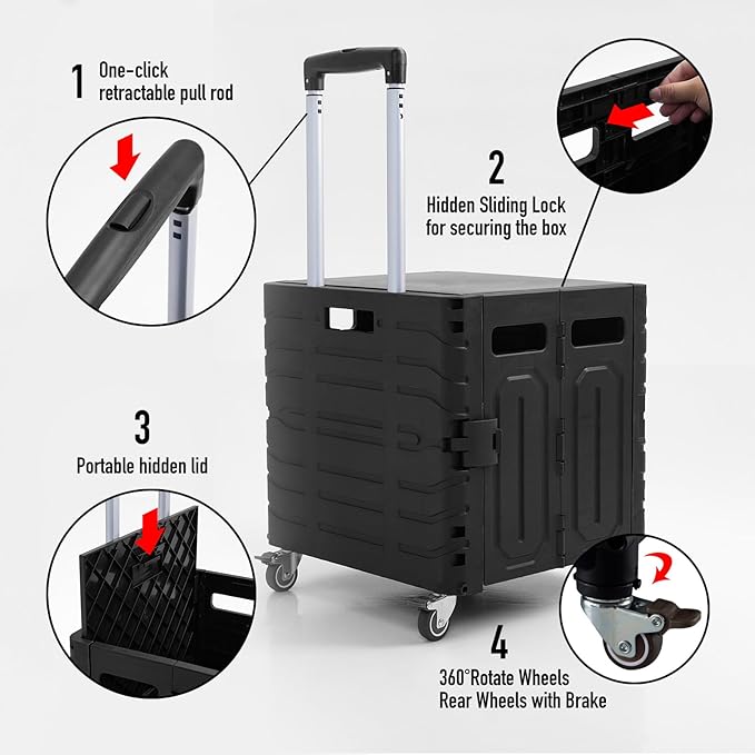 Folding Utility Cart Black Portable Rolling Crate Handcart Foldable Shopping Trolley Collapsible, with Lid, on Wheels, for Grocery, Garden, Office, Storage, Teacher, Tool (Black)
