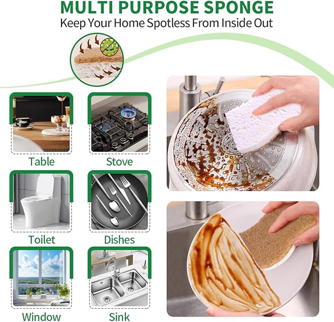 Sponges Kitchen Natural Dish Sponge Plant-Based Biodegradable Compostable Cellulose with Coconut Scrubber Sponge Non Scratch Pack of 12 Eco Friendly Kitchen sponges for Kitchen Dishes