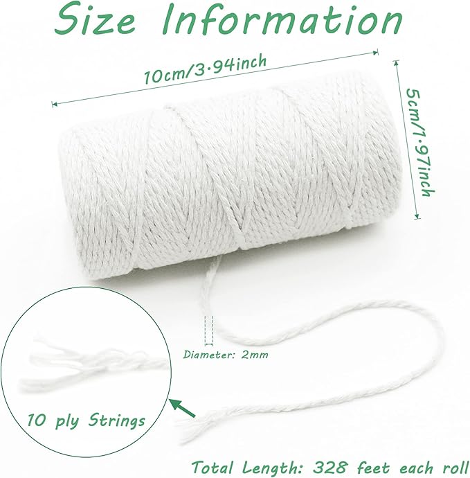 Benvo 656 Feet Cooking Twine Kitchen Cotton String 2mm Bakers Twine Natural Jute Twine 2 Ply String Rope Cord Wrapping, Ornaments, Baking, Butchers, Sausage, DIY Arts and Crafts-White