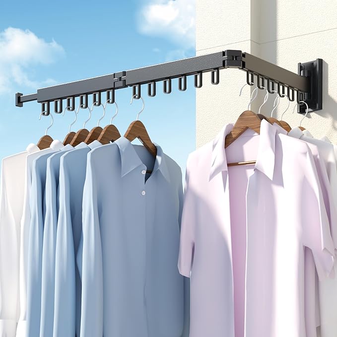 Clothes Drying Rack,Laundry Drying Rack,Wall Mounted Clothes Rack,Laundry Rack Wall Mount,Folding Retractable Collapsible Drying Rack Clothing (Three-Poles,Loop Shape Hooks)