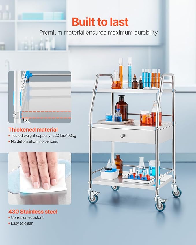 VEVOR Service Cart, 3 Layers Stainless Steel Utility Rolling Cart with Drawer, Lockable Wheels, Ideal for Laboratory, Hospital, Dental Use