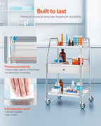 VEVOR Service Cart, 3 Layers Stainless Steel Utility Rolling Cart with Drawer, Lockable Wheels, Ideal for Laboratory, Hospital, Dental Use