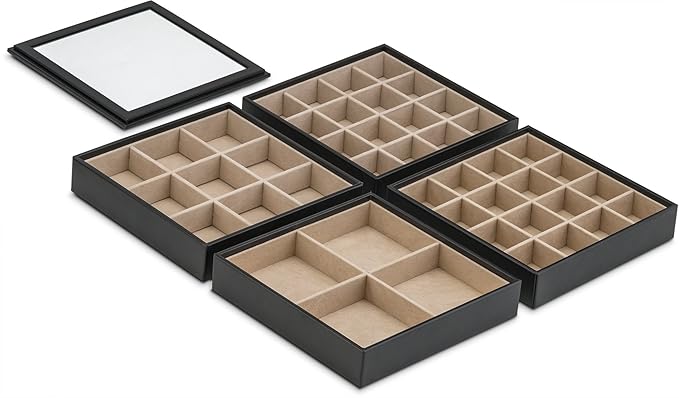 Earring Organizer Tray - 4 Stackable Trays with Lid -45 Slot Classic Jewelry Storage Display Case for Drawer or Dresser - Holder for Earring Ring or Necklace - Large Mirror - Black
