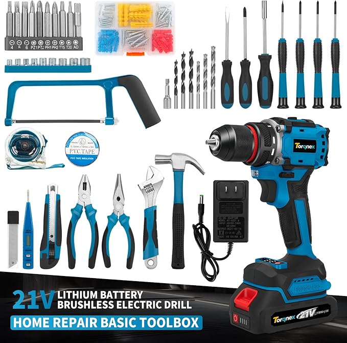Cordless Drill, 21V Brushless Drill Tool Set with 2-Pack 2Ah Fast Charging Batteries, electric drill tool set, Screwdriver set for Home Renovation, Gardening Tools