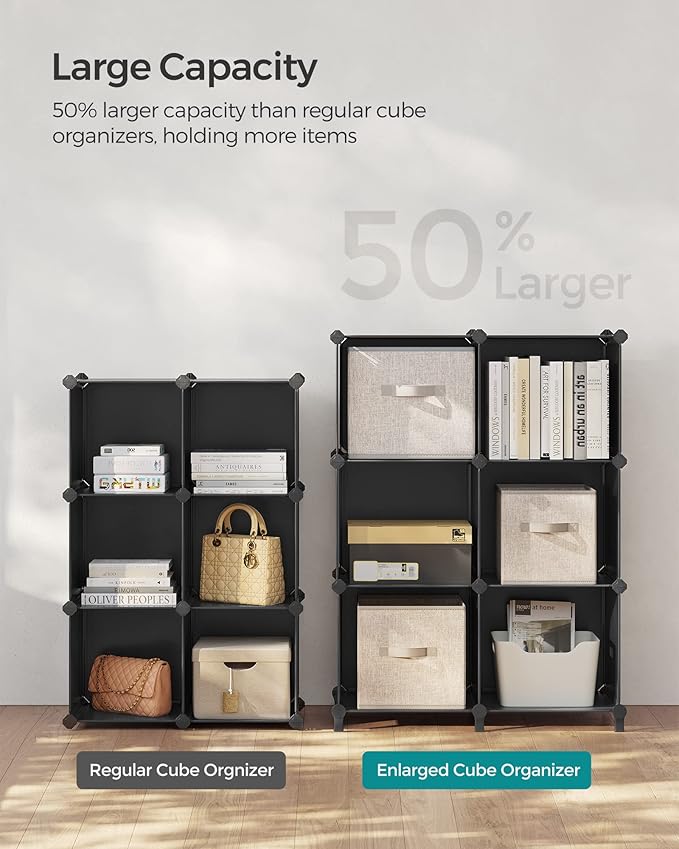 SONGMICS 6 Cube Storage Organizer, Modular Bookshelf, DIY Closet Organizers and Storage, Plastic Stackable Shelves, 14.6 x 13 x 13 Inch Cubes, with Feet and Rubber Mallet, Black ULPC206B01