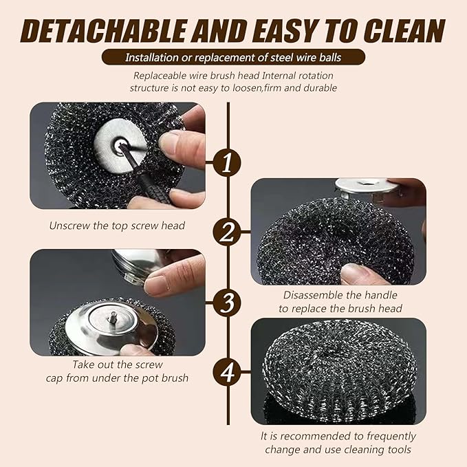 Steel Wool Scrubber with Handle, Cast Iron Scrubber, Stainless Steel Scrubber, with 5 Refills and Long Handle Stainless Pot Brush, Remove Dirt, for Cleaning Stoves, Sinks, Dishes, Grills, Bowls