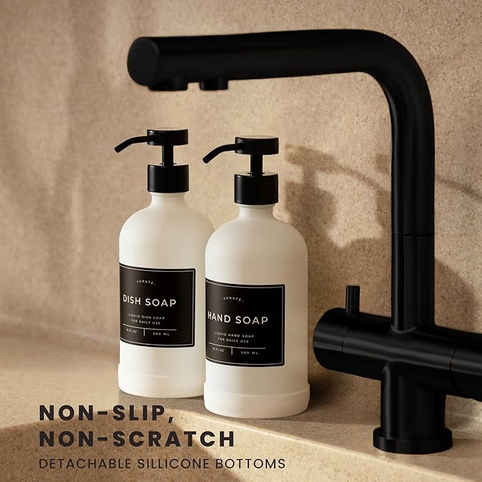 16oz Glass Soap Dispenser with Stainless Steel Pump, 21 Waterproof Labels, Non-Slip Protective Silicone Pad, Set of 2 for Bathroom & Kitchen (Matte White Bottle/Black Pump)