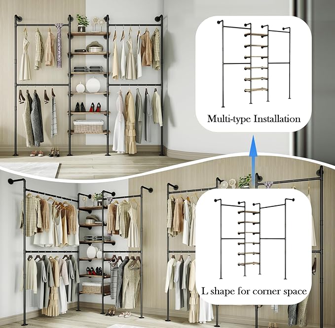 Industrial Pipe Clothes Rack, DÉCOR Wall Mounted Clothing Rack, for Walk-in Wardrobe Multi-Purpose Storage Clothes Hanging Shelf, 2 Installation Methods