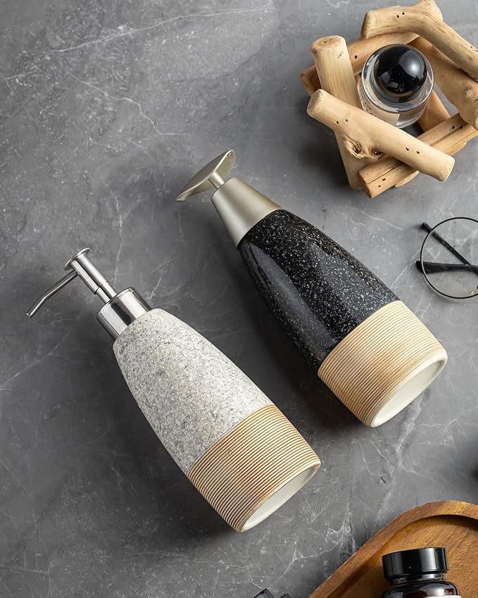 Ceramic Soap Dispenser with 2 Pumps, 12 oz Refillable Liquid Hand Soap Dispenser for Shampoo, Bathroom & Kitchen, Includes Silicone Funnel, Plastic and Stainless Steel Pump, Granite Grey