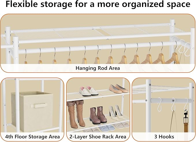 Wardrobe Closet,Portable Clothes Rack with 4 Tiers Shelves,Freestanding Closet Organizers and Storage System with Hanging Rods,Steel Clothing Rack Suitable for Cloakrooms,Bedrooms,Entrances,etc.White