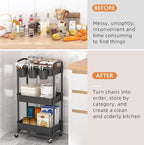 JIUYOTREE 3-Tier Plastic Rolling Storage Cart Utility Cart with Extra Hanging Cups Handles Lockable Wheels for Living Room Bathroom Kitchen Office Black