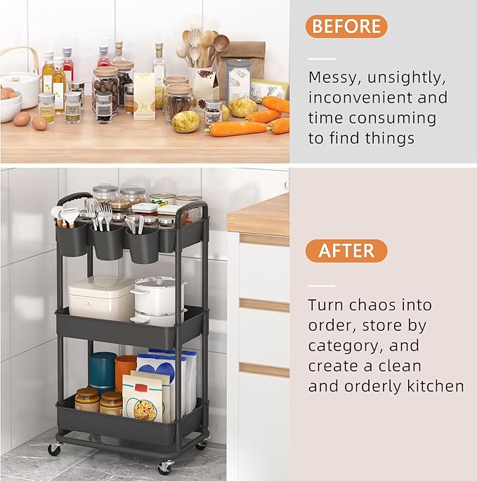 JIUYOTREE 3-Tier Plastic Rolling Storage Cart Utility Cart with Extra Hanging Cups Handles Lockable Wheels for Living Room Bathroom Kitchen Office Black