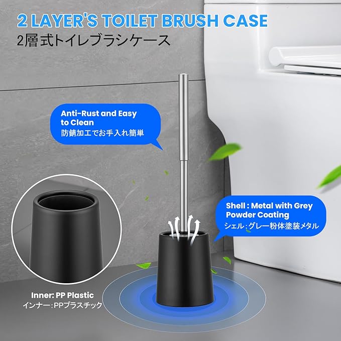 Toilet Brush and Holder Black Coated Metal Case and Stainless Steel Handle Toilet Cleaning Brush Double Layer Holder Long Brush Handle High Density Bristles Toilet Bowl Brushes