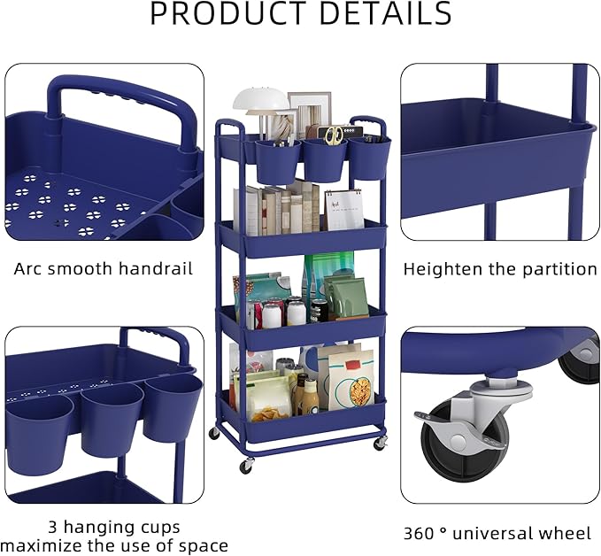 JIUYOTREE 4-Tier Plastic Rolling Storage Cart Utility Cart with Extra Hanging Cups Handles Lockable Wheels for Living Room Bathroom Kitchen Office Blue