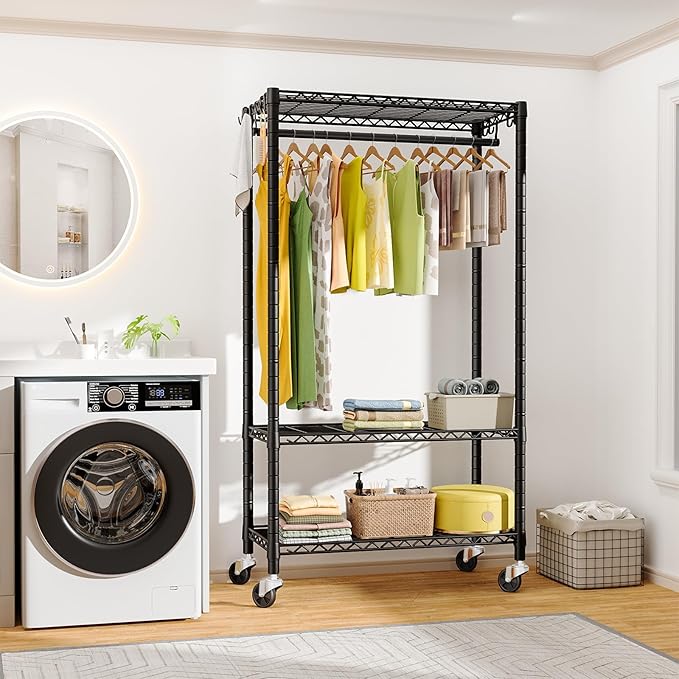 P3 Rolling Clothes Rack, Clothing Racks for Hanging Clothes, Heavy Duty Garment Rack with Wheels, Freestanding Portable Closet Organizer 39.4''W x 14''D x 78.5''H, Max Load 464 LBS, Black