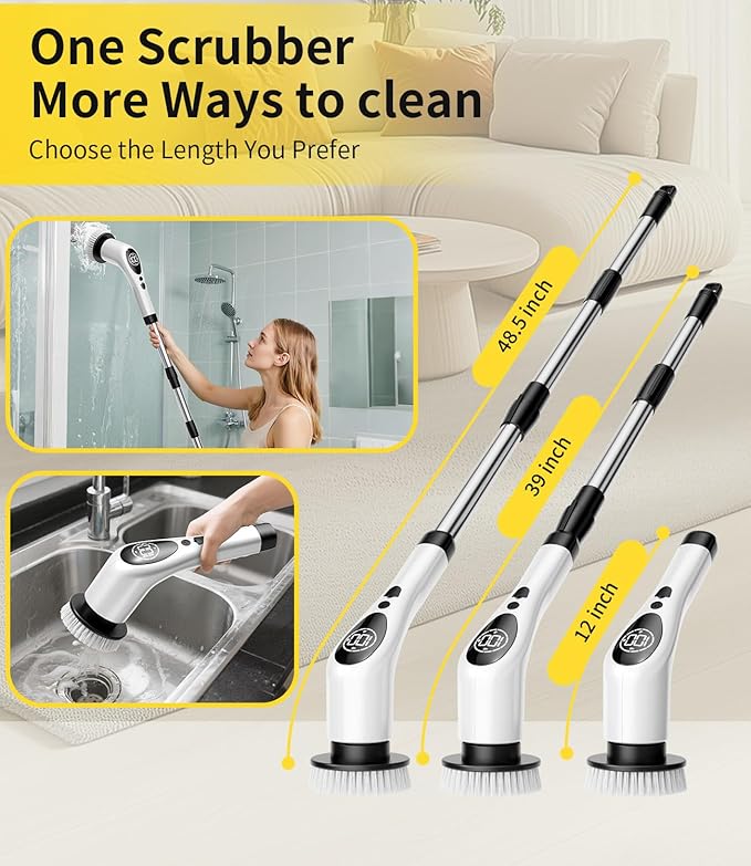 Electric Spin Scrubber,Cordless Cleaning Brush,Shower Scrubber with 9 Scrub Brush,3 Speed,Adjustable Extension Handle,Power LED Display, Voice Broadcast,Power Scrubber for Bathroom Kitchen Cleaning