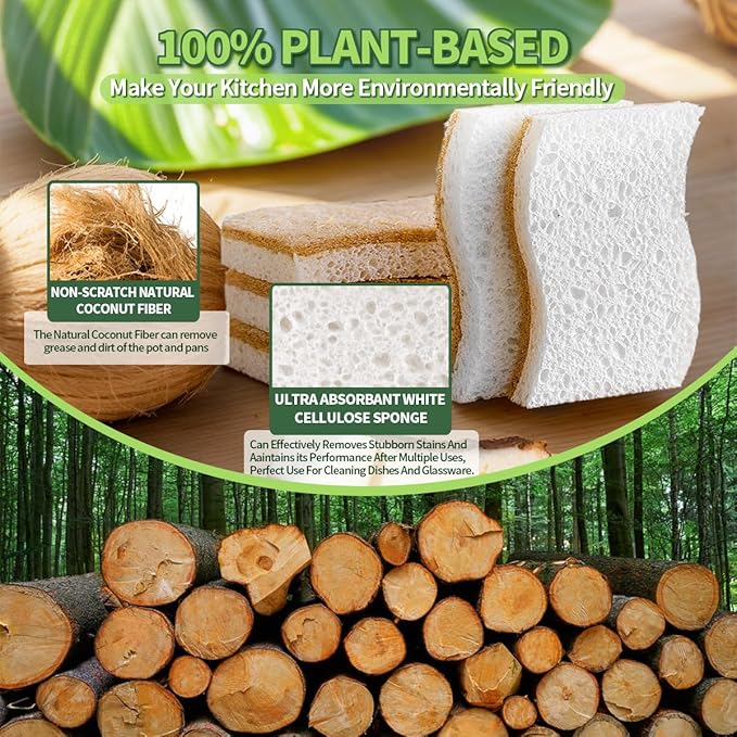 Sponges Kitchen Natural Dish Sponge Plant-Based Biodegradable Compostable Cellulose with Coconut Scrubber Sponge Non Scratch Pack of 12 Eco Friendly Kitchen sponges for Kitchen Dishes