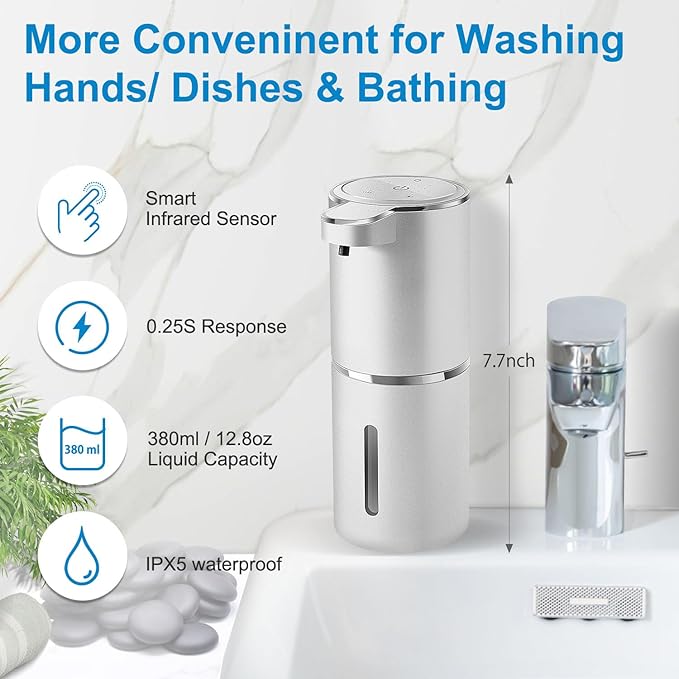 Automatic Liquid Soap Dispenser,4-Level Adjustable, Wall Mount,USB Rechargeable,12.8oz/ 380ml,Touchless Hand & Dish Soap Dispenser for Bathroom, Kitchen,Hotel, Restaurant