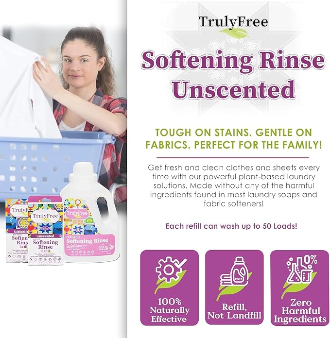Fabric Softening Conditioner for Clothes| Safe for Babies & Kids with Sensitive Skin | Plant-Based | Includes 4 Refills | Unscented Rinse(200 Loads)