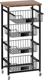 Fruit Basket, 5-Tier Utility Kitchen Organizer and Storage Cart with Pull-Out Baskets and Wood Top, Rolling Pantry Kitchen Cart on Wheels for Fruit Potato Onion Vegetable Snack Produce