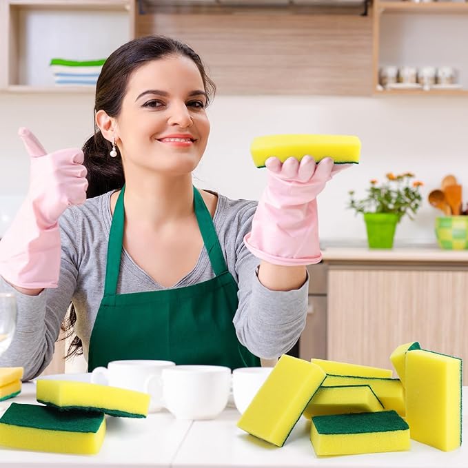 Tanlade 600 Pcs Individually Wrapped Dishwashing Sponge Bulk Non Scratch Scrub Sponges Kitchen Scouring Pad for Household Cleaning Rental Dishes Hotel Apartment Car (Yellow, Green)