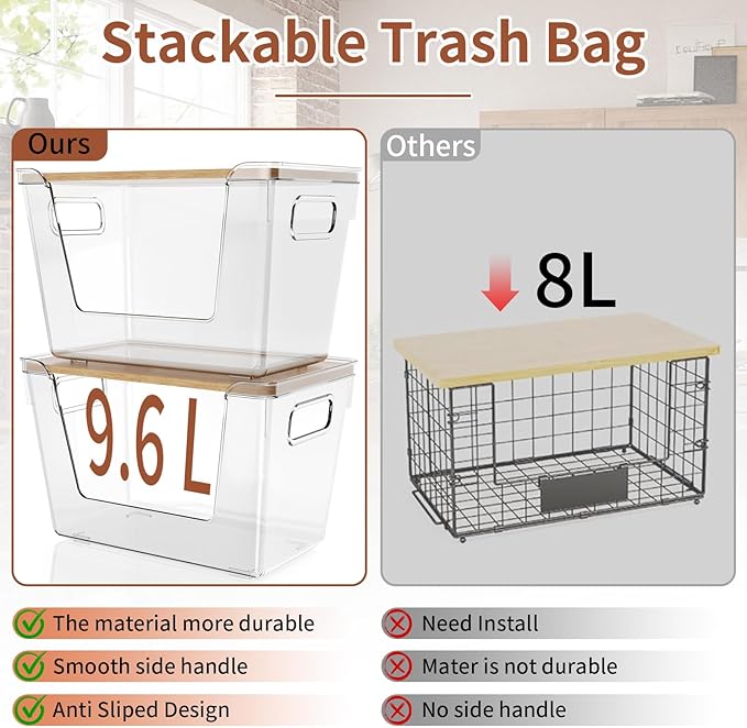 2 Set Stackable Storage with Bamboo Top for Laundry Room Organization, Extra Large Trash Bag/Garbage Bag Dispenser, Under Sink Organizer, Pantry Organizers