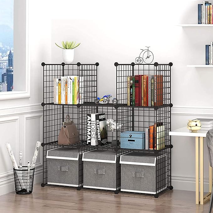 C&AHOME Wire Cube Storage - 9-Cube Organizer, Metal Grids, Modular Bookshelf, Closet Cabinet, Ideal for Home, Living Room, Office - 36.6'L x 12.4'W x 48.4'H Black