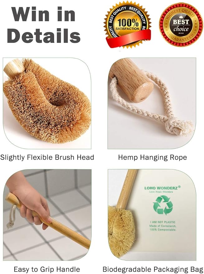 Updated Modern Version Toilet Bowl Brush, Natural Coconut Fiber Brush Head and Beechwood Handle for Bathroom Toilet - Sturdy, Deep Cleaning, Eco-Friendly, Toilet Cleaning Brush with Hanging Hook