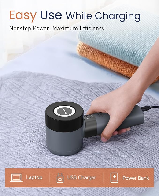 BEAUTURAL Fabric Shaver and Lint Remover, Rechargeable Electric Sweater Shaver with 3 Speeds, 6 Leaf Blades and LED Display, Portable Pilling Remover for Clothes, Furniture, Blankets