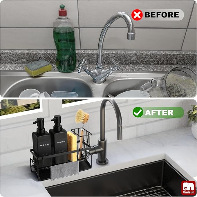 GMISUN Dish Soap Dispenser, 12 fl oz / 350 ml Dual Kitchen Soap Dispensers with Sponge Holder, Customized Matte Black Kitchen Soap Dispenser Set, Modern Hand and Dish Soap Bottle Set Removable