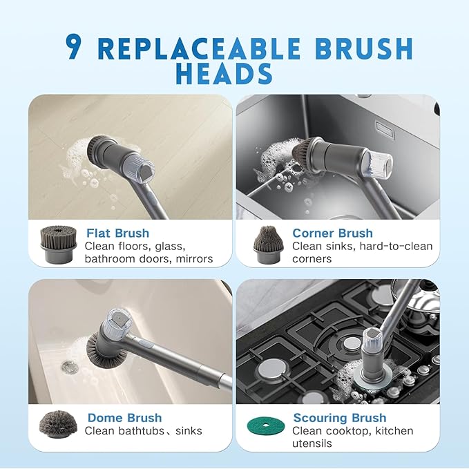Electric Spin Scrubber,Spray with Foam Cordless Cleaning Brush, 2-Speed Shower Scrubber, Shower Cleaning Brush with 9 Replaceable Brush Heads, Adjustable Removable Handle for Bathroom（Dark Grey）