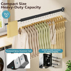 JAUREE Clothes Drying Rack Wall Mounted, Space-Saving Drying Rack Clothing, Collapsible Foldable Retractable Laundry Rack with 18 Hooks, Indoor/Outdoor, Black