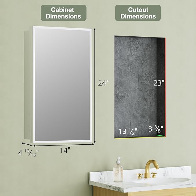 Buruis 14"x 24" Framed Medicine Cabinet with Mirror, Recessed or Wall Mounted Bathroom Cabinet, Adjustable Tempered Glass Shelves, Left/Right Open Reversible, No Assembly Required, White