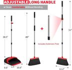 Broom with Dustpan Combo Set, Dust Pans with Long Handle for Upright Sweeping, Standing Broom and Dustpan Set with Self-Cleaning Teeth for Home, Kitchen & Office Floors(Red & Black)
