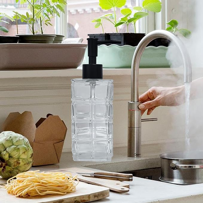 Clear Glass Soap Dispenser with Black Pump, 2 Pack 11oz Square Hand Dispenser, Refillable Lotion & Dish Soap, Bathroom Shower Gel