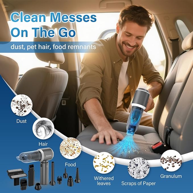4-in-1 Car Vacuum Portable Cordless & Dust Buster, 20000pa High Power Handheld Vacuum Cordless Rechargeable, Mini Vacuums with 3 Reusable Filter, Vacuum Cleaner for Car Home Office & Pet(Silver Gray)