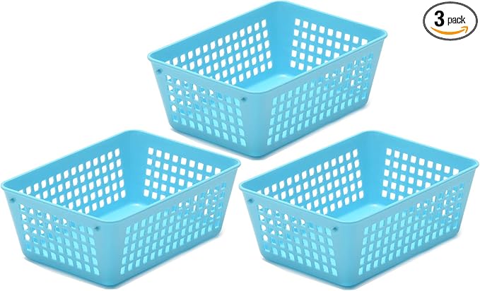 YBM HOME 3-Pack Small Plastic Storage Baskets for Home Junk Drawers and Office Desktop Drawers Organization - Functional Trays for Kitchen, Bedroom, and Bathroom, Blue