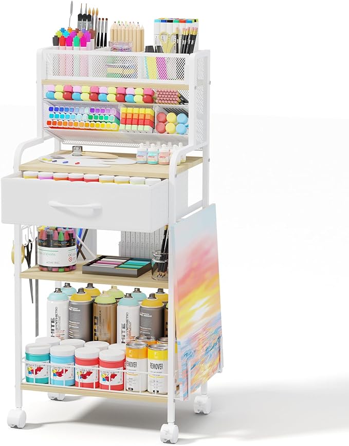 Art cart, 3 Tier Rolling Cart - Utility Cart with Storage Drawer and Wheels, Versatile Art & Craft Organizer for Home, Office, or Studio Ideal for Storing Brushes, Paints （ White）