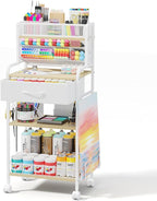 Art cart, 3 Tier Rolling Cart - Utility Cart with Storage Drawer and Wheels, Versatile Art & Craft Organizer for Home, Office, or Studio Ideal for Storing Brushes, Paints （ White）