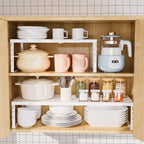 1 Pack Expandable shelf organizer，Stackable Shelves Organizers For Kitchen Cabinet Countertop Storage，Adjustable Counter Cupboard Pantry Rack Stand，White(16.53"-26.38")L*7.86"W*(6.19"-7.47")*H