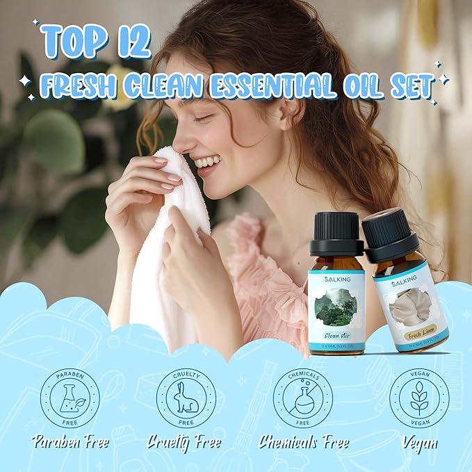SALKING Clean Fragrance Oils Set, 12 x 10ml Premium Essential Oils Set for Diffuser, Natural Clean Scents Scented Oils, Soap & Candle Making Scents, Aromatherapy Oils Collection