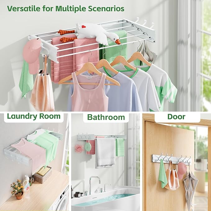 Wall Mounted Drying Rack 40", Foldable Laundry Clothes Drying Rack with 6 Towel Hooks and 5 Rods for Hanging Clothes, Space Saving for Indoor Outdoor Bathroom Balcony Laundry Room(40")