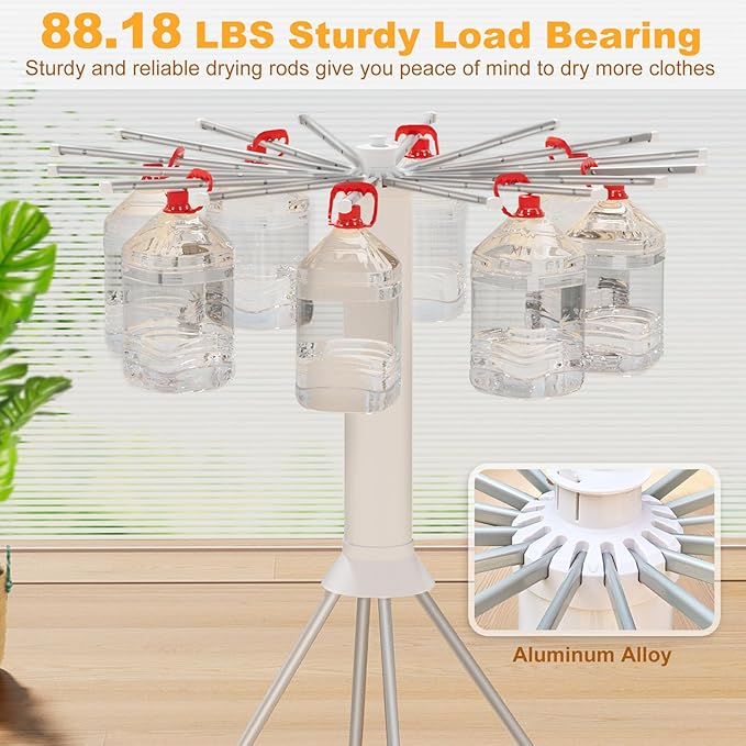 Four-Legged Clothes Drying Rack, Portable and Foldable Space Saving Laundry Drying Rack, Outdoor Folding Dry Rack with 4 Pulleys & 16 Poles, Collapsible Aluminum Indoor Dry Rack for Balcony, Poolside