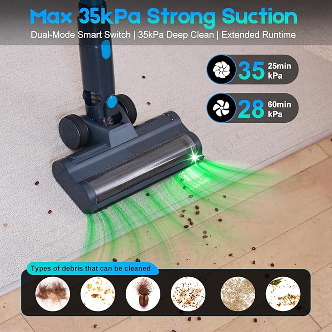 8-in-1 Cordless Vacuum Cleaner - 35kPa 60Mins Powerful Stick Vacuum Cleaners For Home/Pet Hair/Carpet/Hard Floors | 1.2L XL Dustbin, Anti-Tangle Rechargeable Self-Standing Vac, Car & Apartment