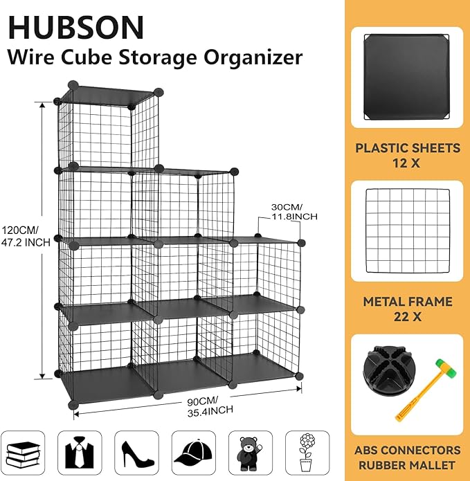 HUBSON Wire Cube Storage Organizer, Book/Toy/Craft/Potted Plants and petCloset Organizers and Storage Shelves, 9-Cube Freely Combinable Metal Grids Storage Shelf,Black Plus Iron