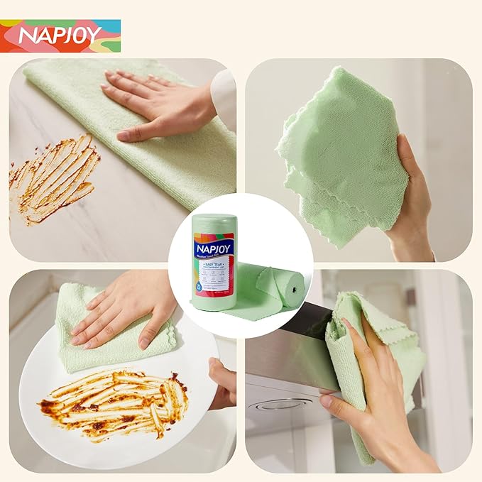 Napjoy Microfiber Cleaning Cloth Roll, 75PK Easy Tear Away Reusable Paper Towels, 12" x 12", Ultra Soft Micro Fiber Dish Cloths for Kitchen, Housekeeping, Window, Car, Garden, Bathroom, Green